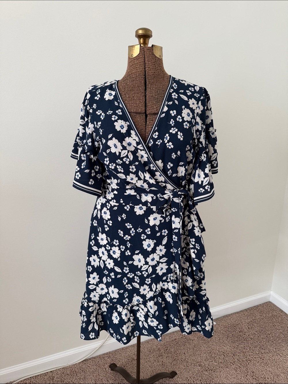 Max Studio Navy and White Floral Wrap Midi Dress